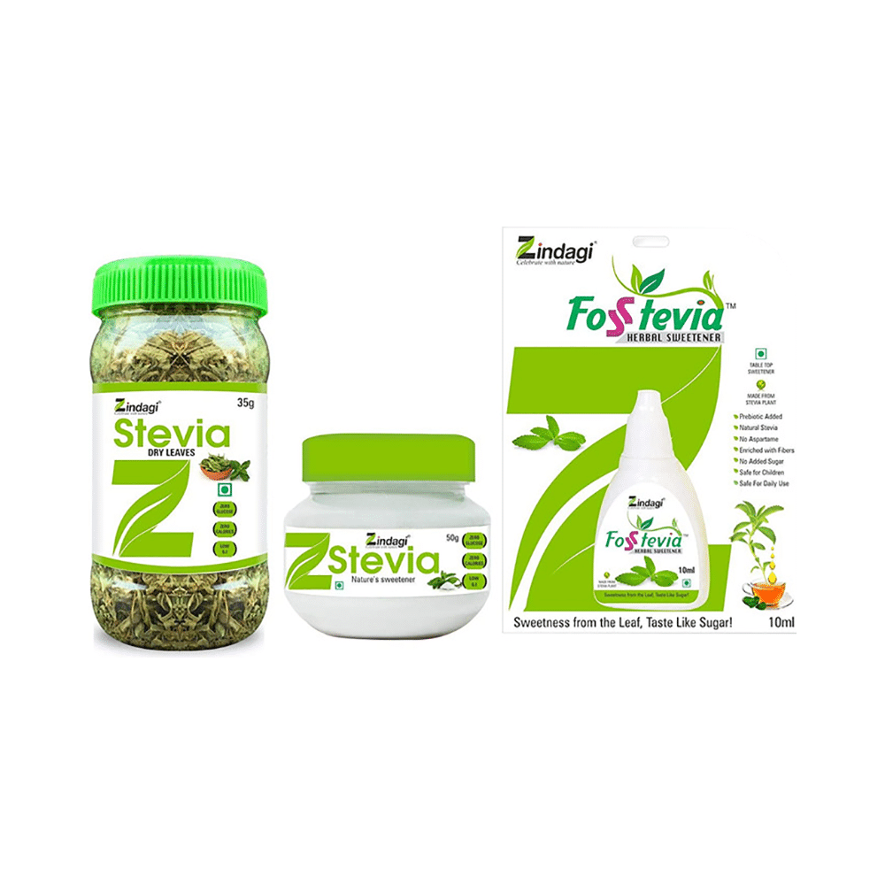 Zindagi Combo Pack of Stevia Dry Leaves (35gm), Stevia Powder (50gm) & Stevia Liquid (10ml)