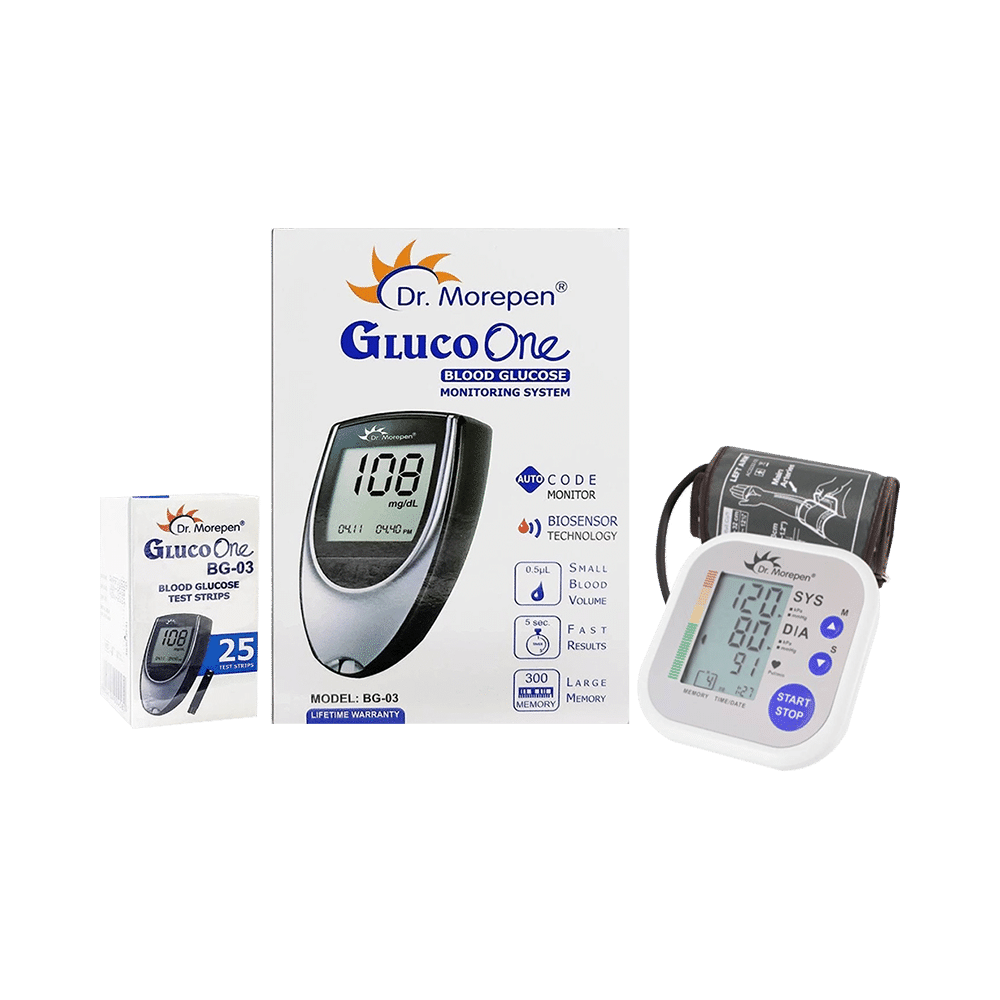 Combo Pack of Dr Morepen BG 03 Gluco One Glucose Monitoring System with 25 Test Strip & Dr Morepen BP 02 Blood Pressure Monitor