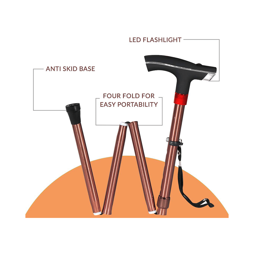 MCP Smart Folding Height Adjustable Walking Stick with LED Torch Light and SOS Alarm Single Leg Brown - Image 2