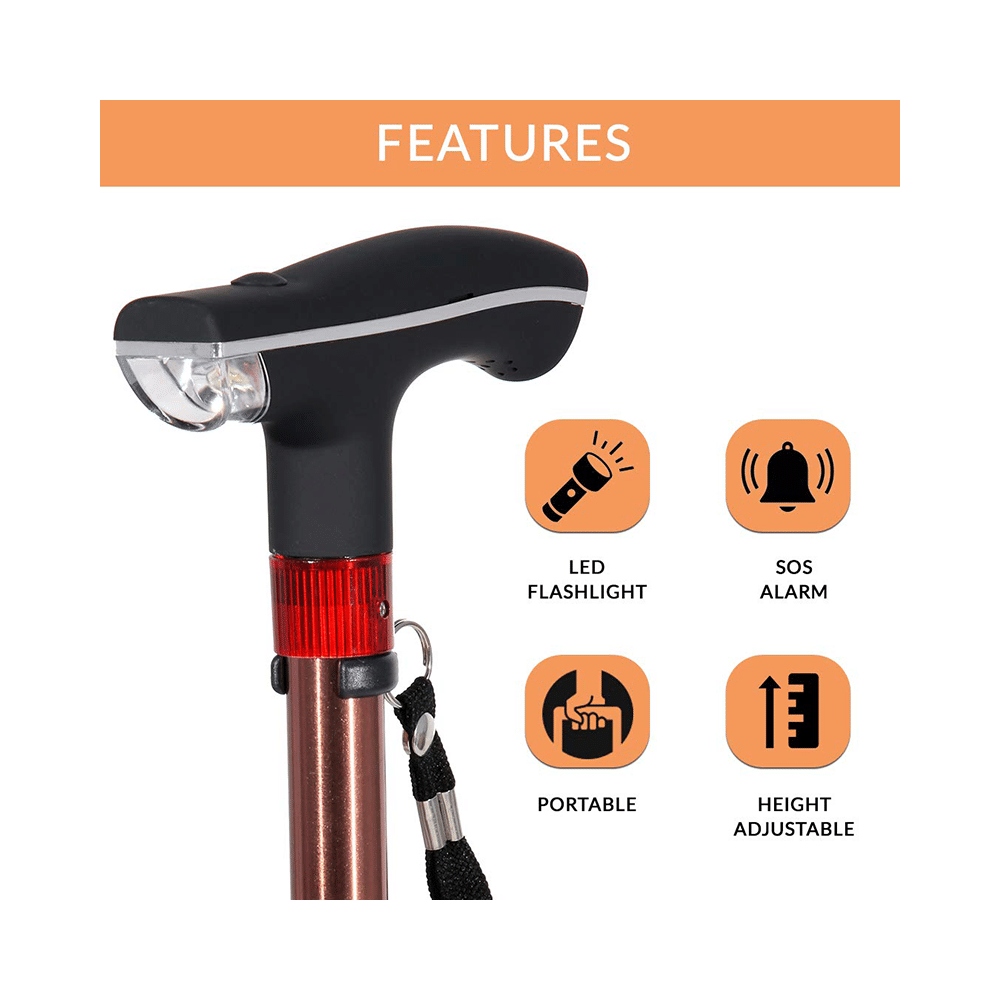 MCP Smart Folding Height Adjustable Walking Stick with LED Torch Light and SOS Alarm Single Leg Brown - Image 3