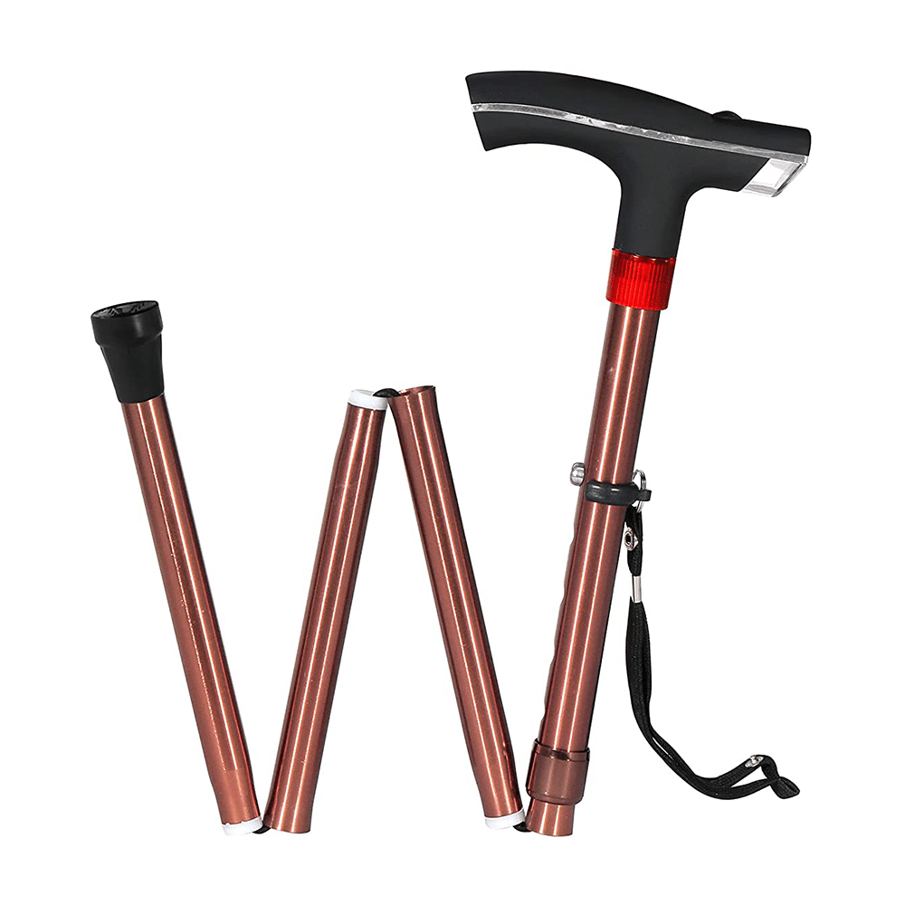 MCP Smart Folding Height Adjustable Walking Stick with LED Torch Light and SOS Alarm Single Leg Brown - Image 1
