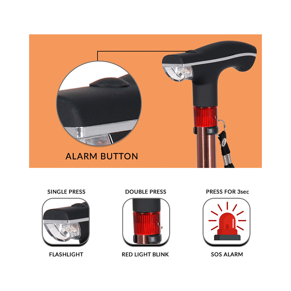 MCP Smart Folding Height Adjustable Walking Stick with LED Torch Light and SOS Alarm Single Leg Brown - Image 6