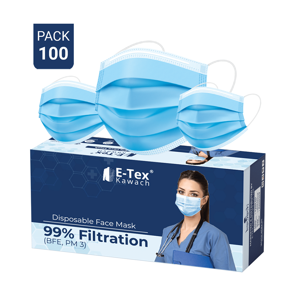 E-Tex Kawach 99% Filtration Disposable Face Mask Free Size Blue - Image 2
