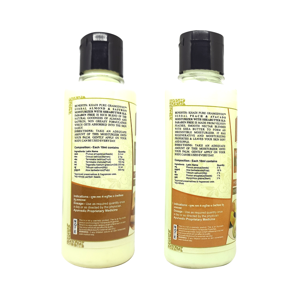 Khadi Pure Combo Pack of Herbal Almond & Saffron and Herbal Peach & Avocado Moisturizer (210ml Each) - Image 2