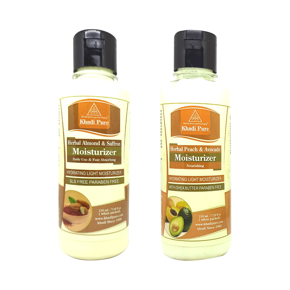 Khadi Pure Combo Pack of Herbal Almond & Saffron and Herbal Peach & Avocado Moisturizer (210ml Each) - Image 1