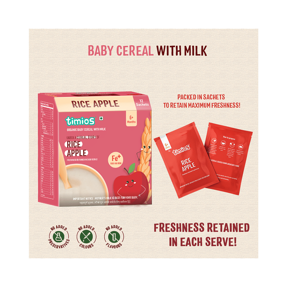 Timios Baby Cereal with Milk 6+ Month (25gm Each) Rice Apple - Image 4