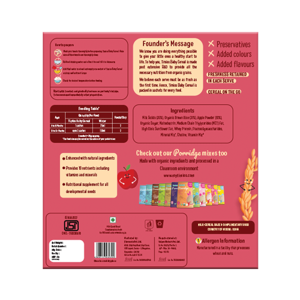 Timios Baby Cereal with Milk 6+ Month (25gm Each) Rice Apple - Image 2
