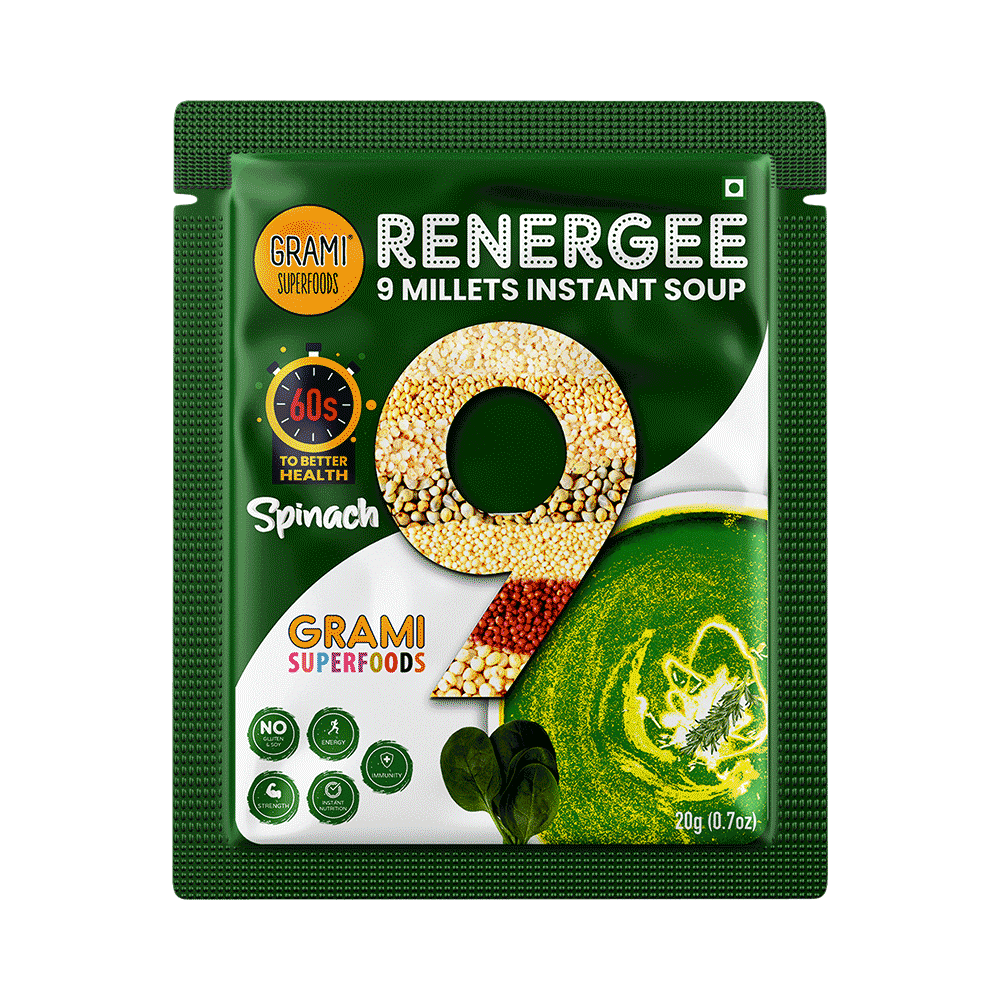 Grami Superfoods Renergee 9 Millets Instant Gluten Free Soup Sachet (20gm Each) Spinach - Image 4
