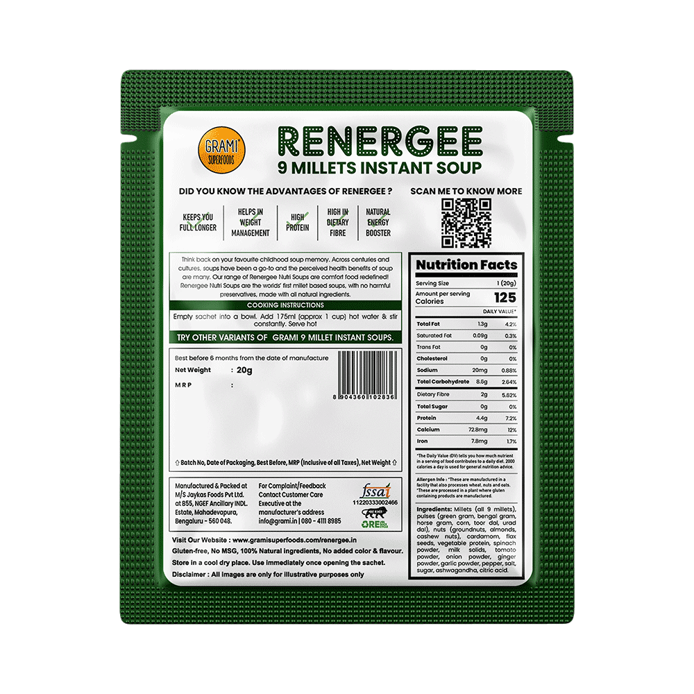 Grami Superfoods Renergee 9 Millets Instant Gluten Free Soup Sachet (20gm Each) Spinach - Image 5