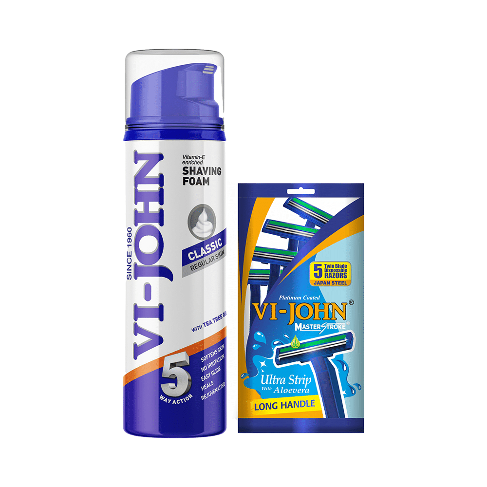 Vi-John Combo Pack of Classic Regular Skin Shaving Foam 200gm & Platinum Coated 5 Twin Blade Disposable Razors - Image 1