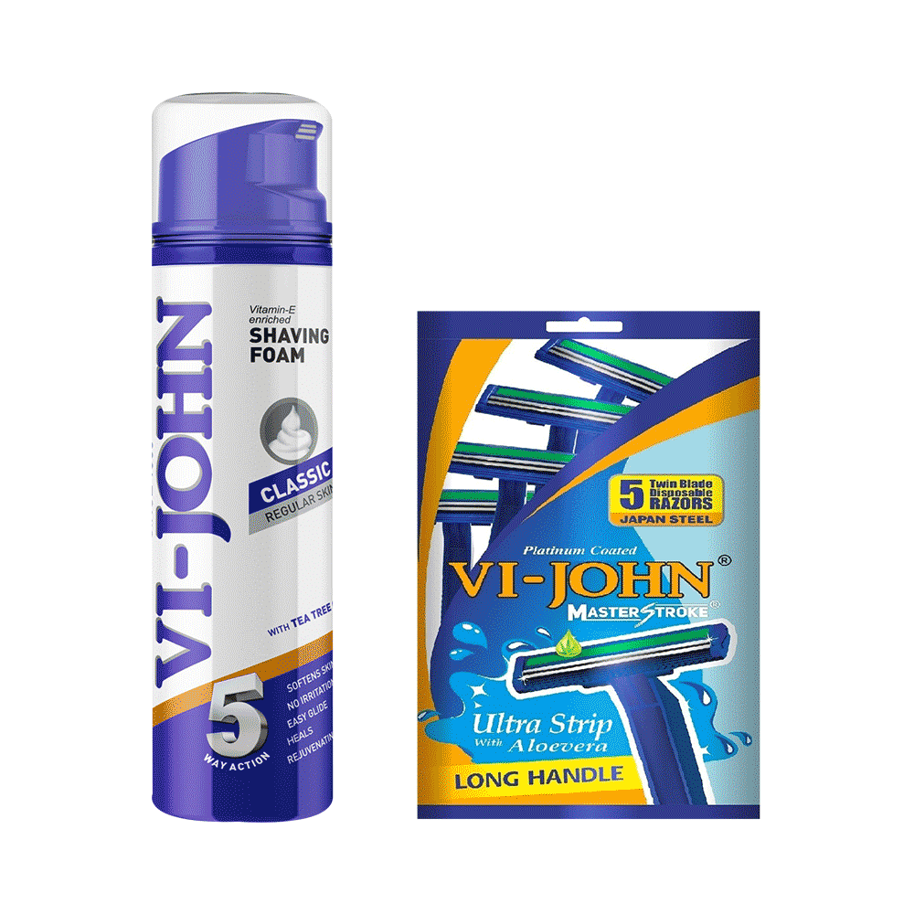 Vi-John Combo Pack of Vitamin E Enriched 5 Way Action Shaving Foam (200ml) & Platinum Plated Master Stroke Razor (5) Classic Regular Skin