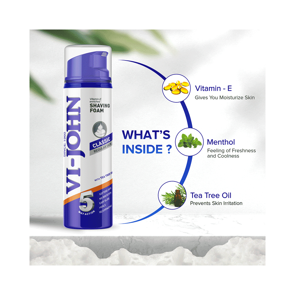 Vi-John Combo Pack of Vitamin E Enriched 5 Way Action Shaving Foam (200ml) & Platinum Plated Master Stroke Razor (5) Classic Regular Skin - Image 5
