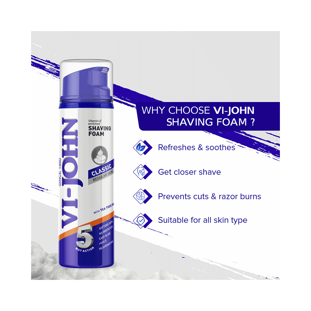 Vi-John Combo Pack of Vitamin E Enriched 5 Way Action Shaving Foam (200ml) & Platinum Plated Master Stroke Razor (5) Classic Regular Skin - Image 9
