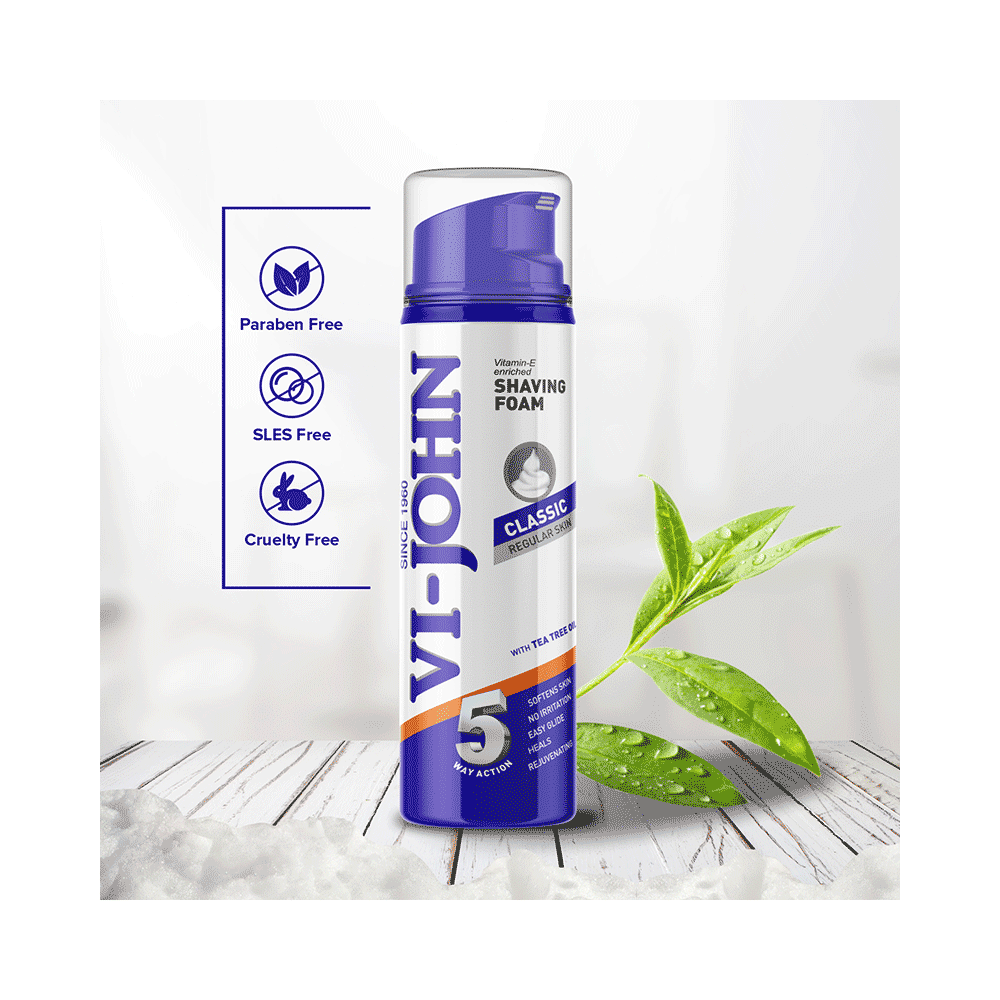 Vi-John Combo Pack of Vitamin E Enriched 5 Way Action Shaving Foam (200ml) & Platinum Plated Master Stroke Razor (5) Classic Regular Skin - Image 7
