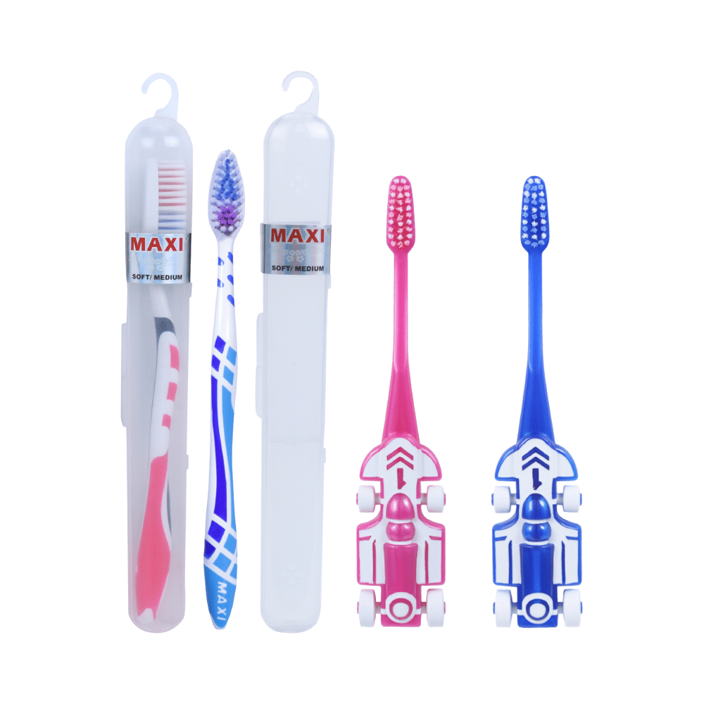 Maxi Oral Care Family Pack of 2 Zoom Car Junior Toothbrush and 2 Adult For You Toothbrush - Image 1