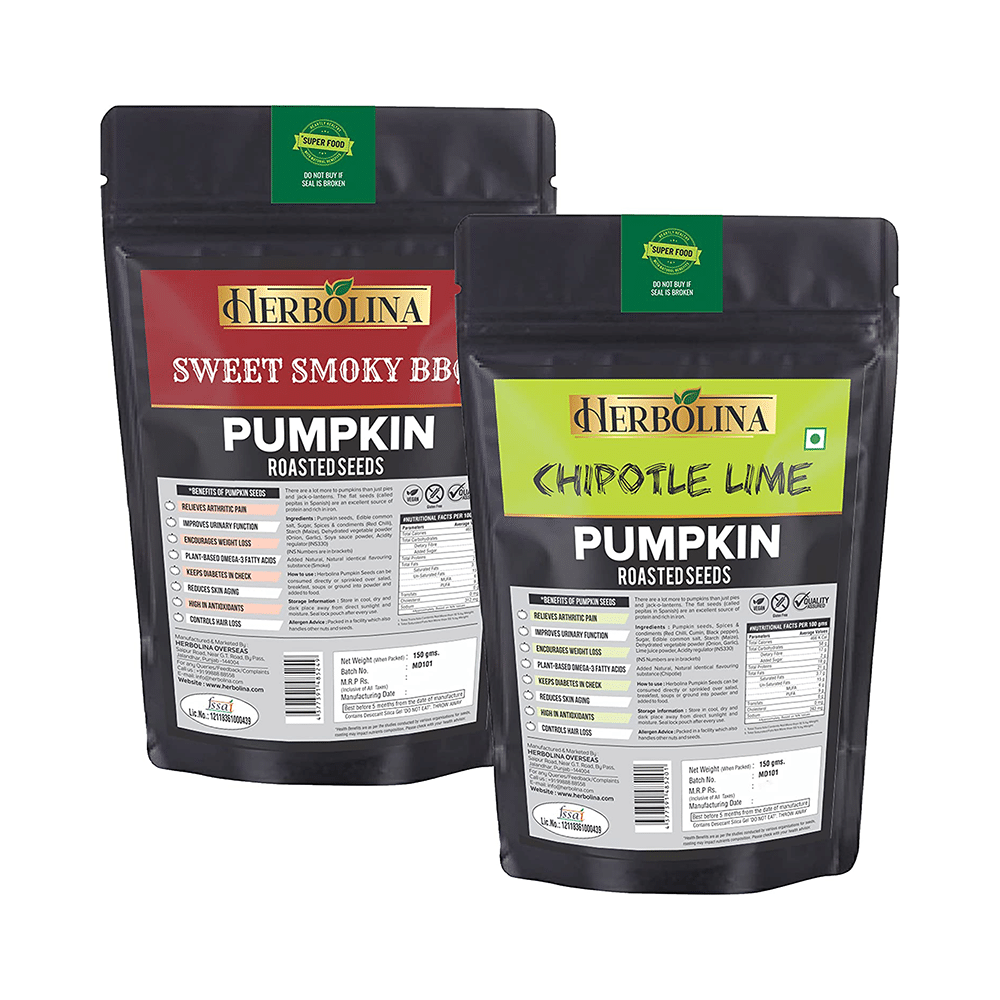 Herbolina Pumpkin Roasted Seeds (150gm Each) Chipotle Lime & Sweet Smoky BBQ - Image 2