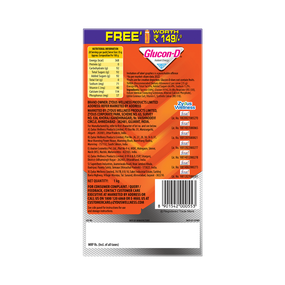 Glucon-D with Glucose, Calcium, Vitamin C & Sucrose | Nutrition Booster Powder Tangy Orange with Sipper Free - Image 3