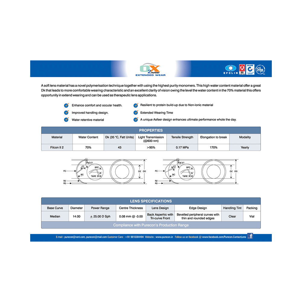 Purecon O2X Asfeer Extended Wear Yearly Disposable Contact Lens Optical Power -4.5 Clear - Image 4