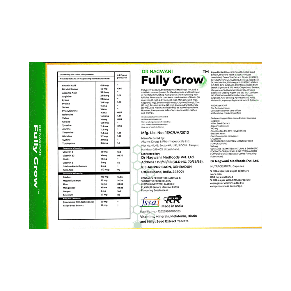 Dr Nagwani Fully Grow Multivitamin Biotin Tablet for Hair Volume/Density with Amino Acids - Image 2