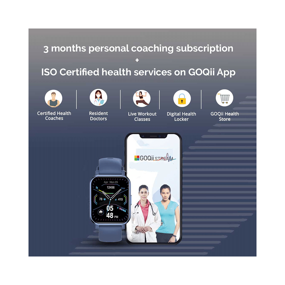 GOQii Stream SpO2 Bluetooth Calling with 3 Months Health & Personal Coaching Subscription Smart Watch Blue - Image 8