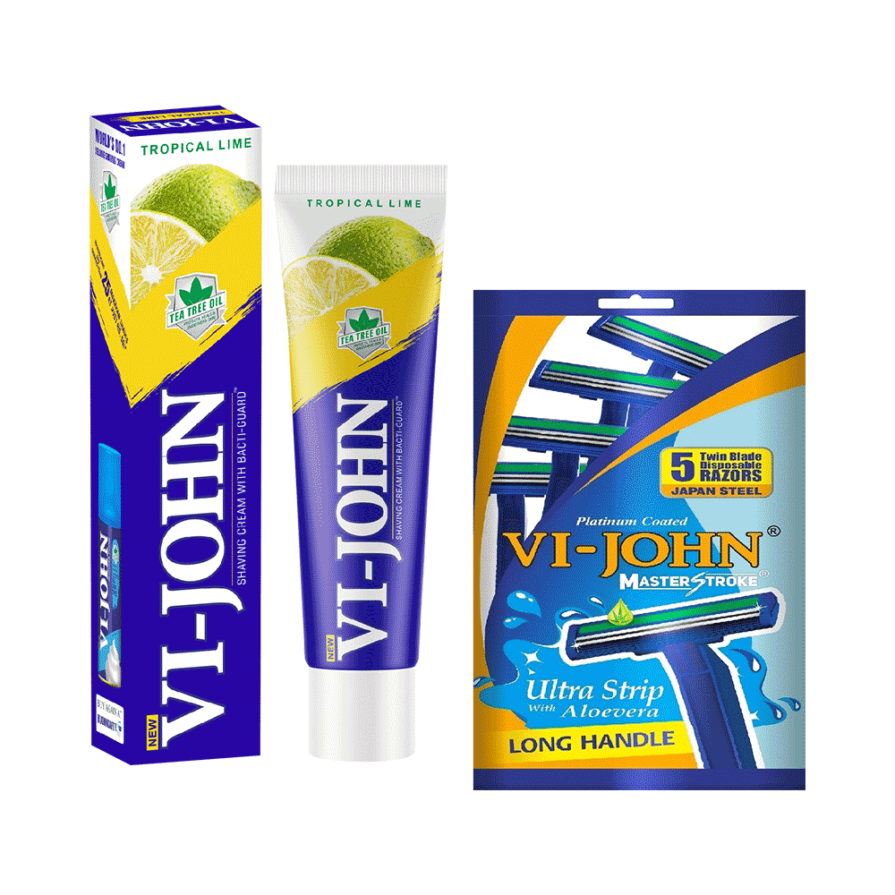 Vi-John Combo Pack of Shaving Cream with Bacti-Guard (125gm) & Platinum Plated Master Stroke Razor (5) Tropical Lime