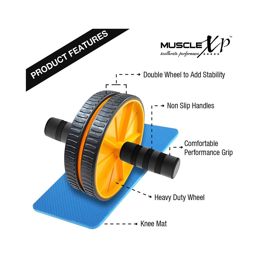 MuscleXP Dr Fitness+ AB Roller Wheel With Knee Mat Yellow & Black - Image 2
