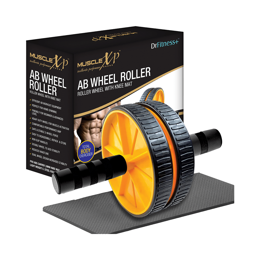 MuscleXP Dr Fitness+ AB Roller Wheel With Knee Mat Yellow & Black - Image 1