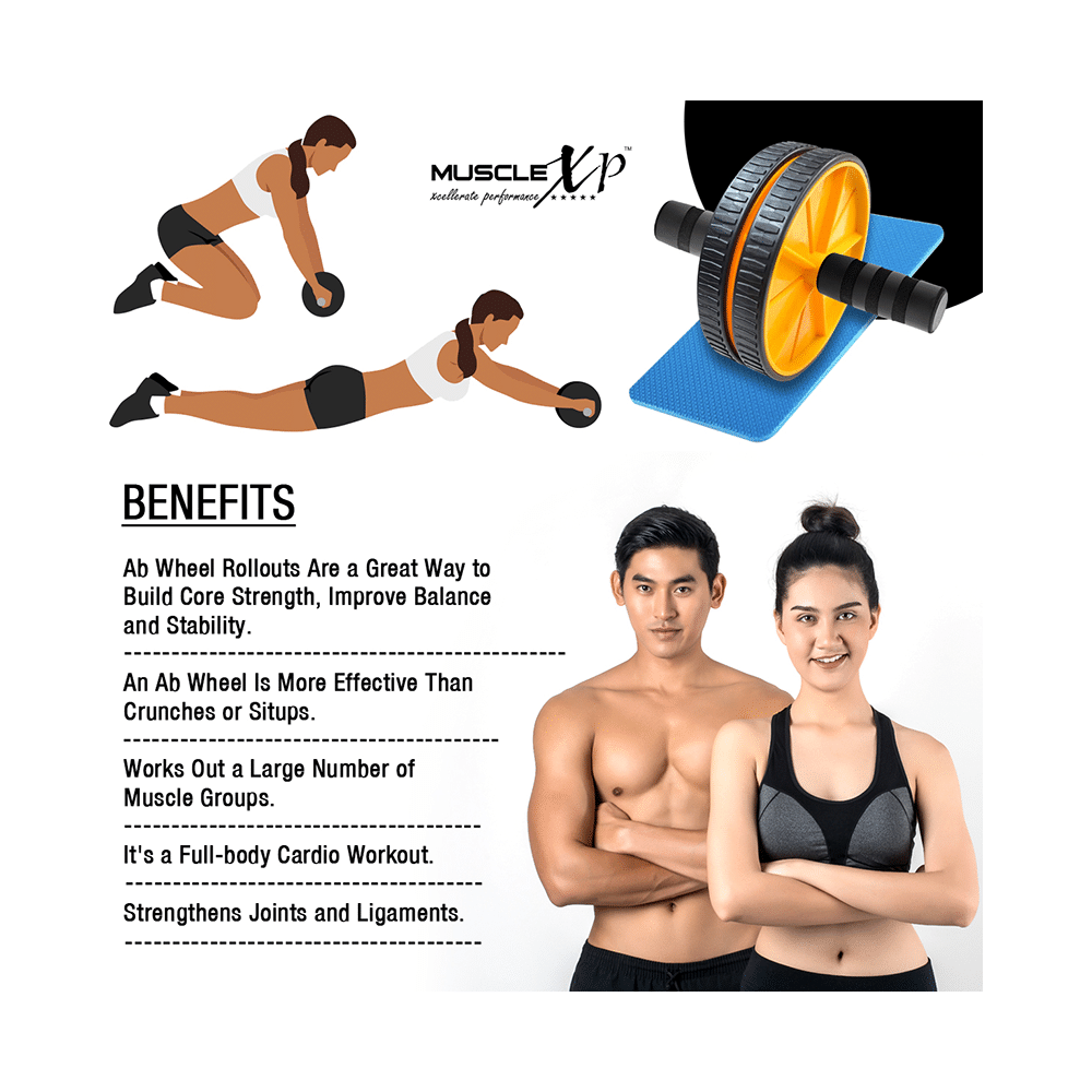MuscleXP Dr Fitness+ AB Roller Wheel With Knee Mat Yellow & Black - Image 6