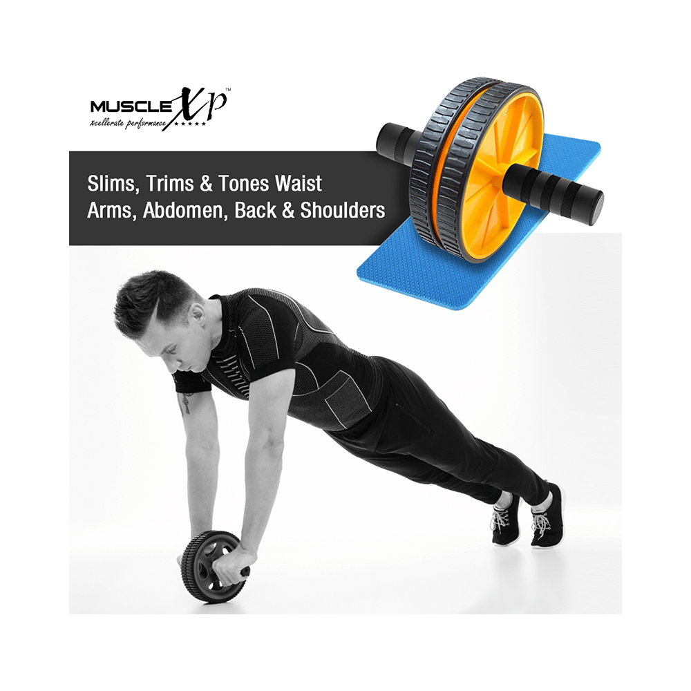 MuscleXP Dr Fitness+ AB Roller Wheel With Knee Mat Yellow & Black - Image 5
