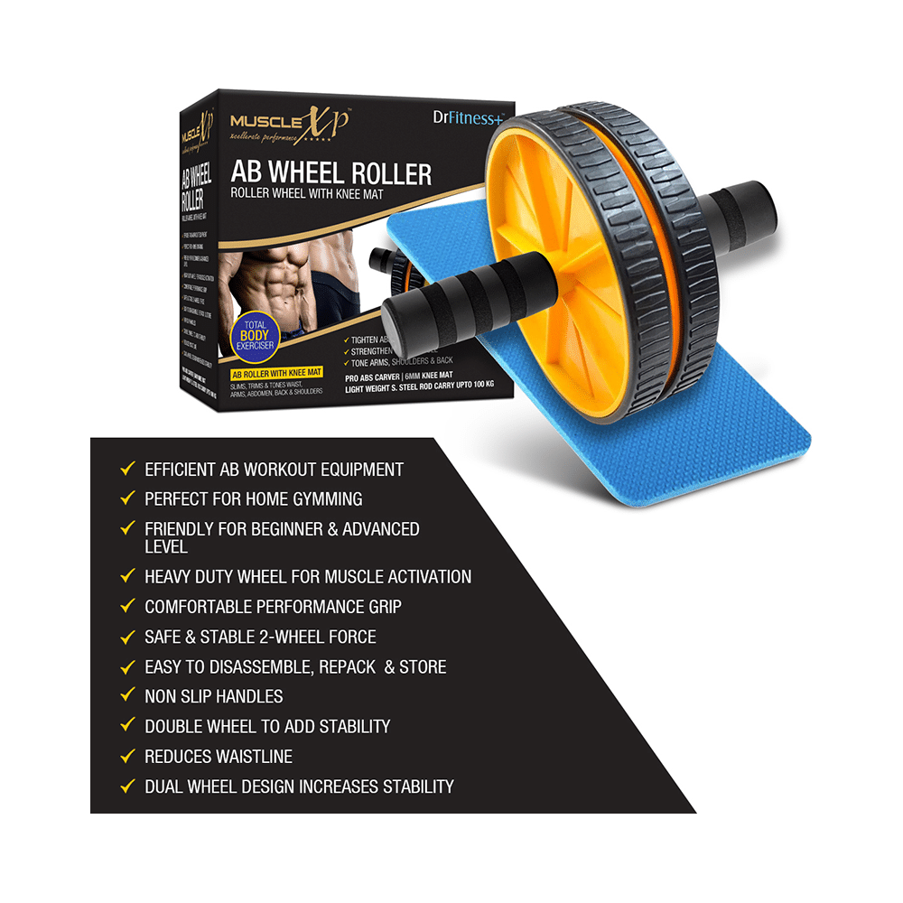 MuscleXP Dr Fitness+ AB Roller Wheel With Knee Mat Yellow & Black - Image 4