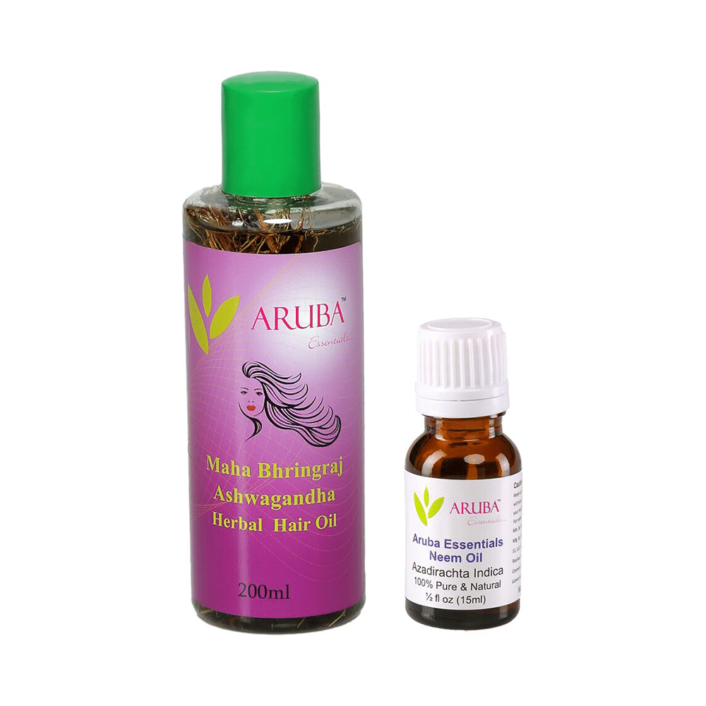Aruba Essentials Combo Pack of  Maha Bhringraj, Ashwagandha Herbal Hair Oil 200ml and Neem Oil 15ml - Image 1