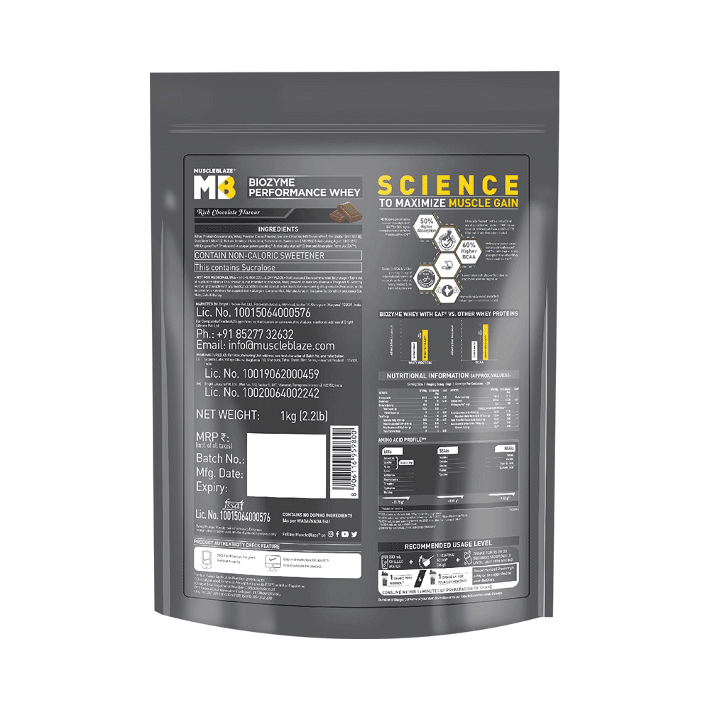 MuscleBlaze MuscleBlaze Biozyme Performance Whey Protein | For Muscle Gain | Improves Protein Absorption | Nutrition Care Powder Rich Chocolate Refill Pack - Image 2