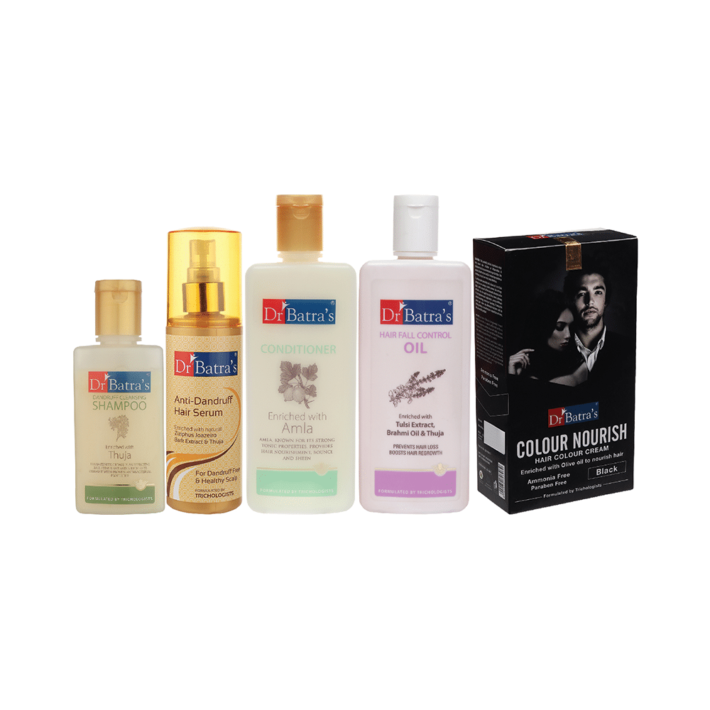 Dr Batra's Combo Pack of Anti-Dandruff Hair Serum 125ml, Dandruff Cleansing Shampoo 100ml, Hair Fall Control Oil 200ml, Conditioner 200ml and Colour Nourish Hair Colour Cream 120gm Black - Image 1