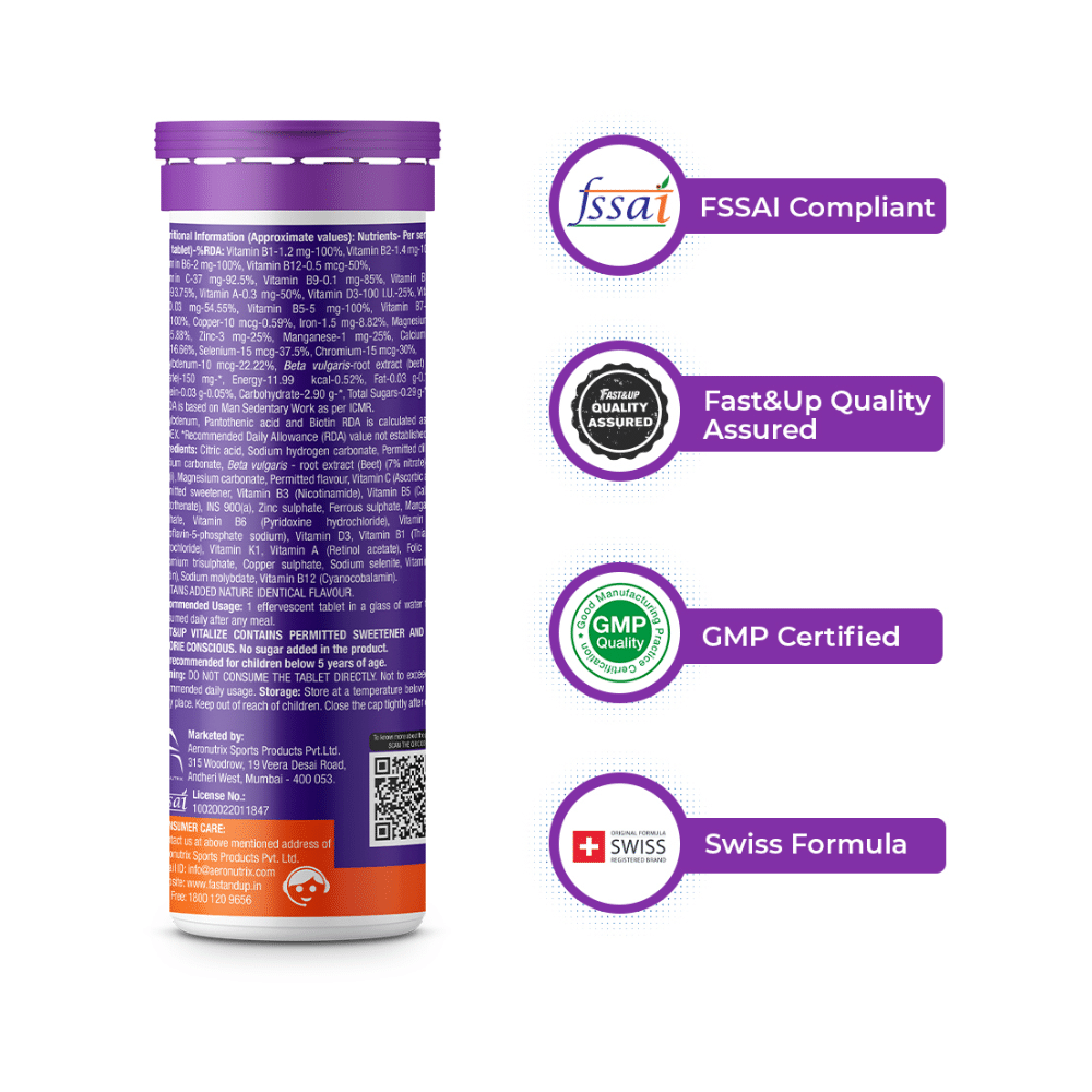 Fast&Up Vitalize Multivitamins + Natural Beetroot for Nutrition | No Added Sugar | Flavour Effervescent Tablet Orange - Image 4