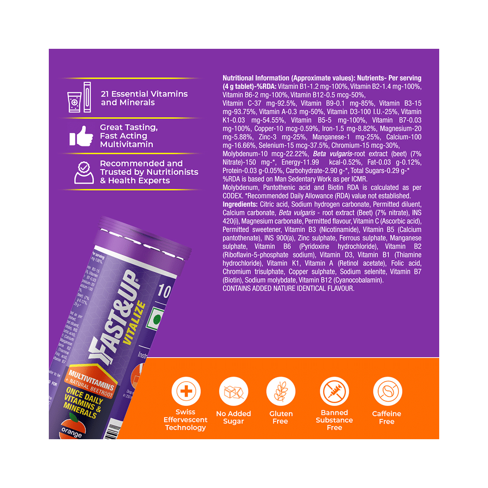Fast&Up Vitalize Multivitamins + Natural Beetroot for Nutrition | No Added Sugar | Flavour Effervescent Tablet Orange - Image 7