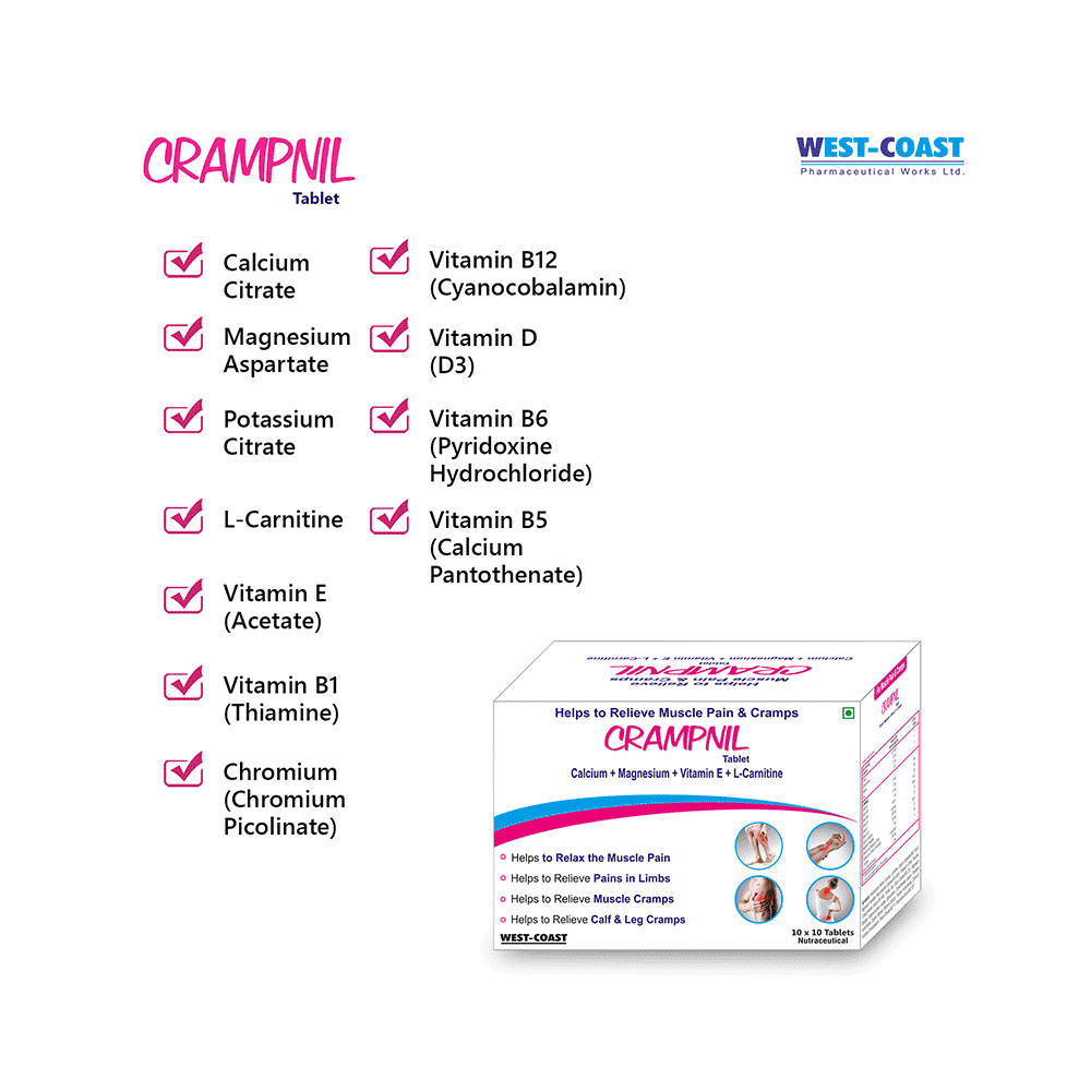 West-Coast Crampnil Tablet with Calcium, Magnesium, Vitamin E & Carnitine | For Relief from Muscle & Knee Cramps, Limb Pain | Tablet - Image 4