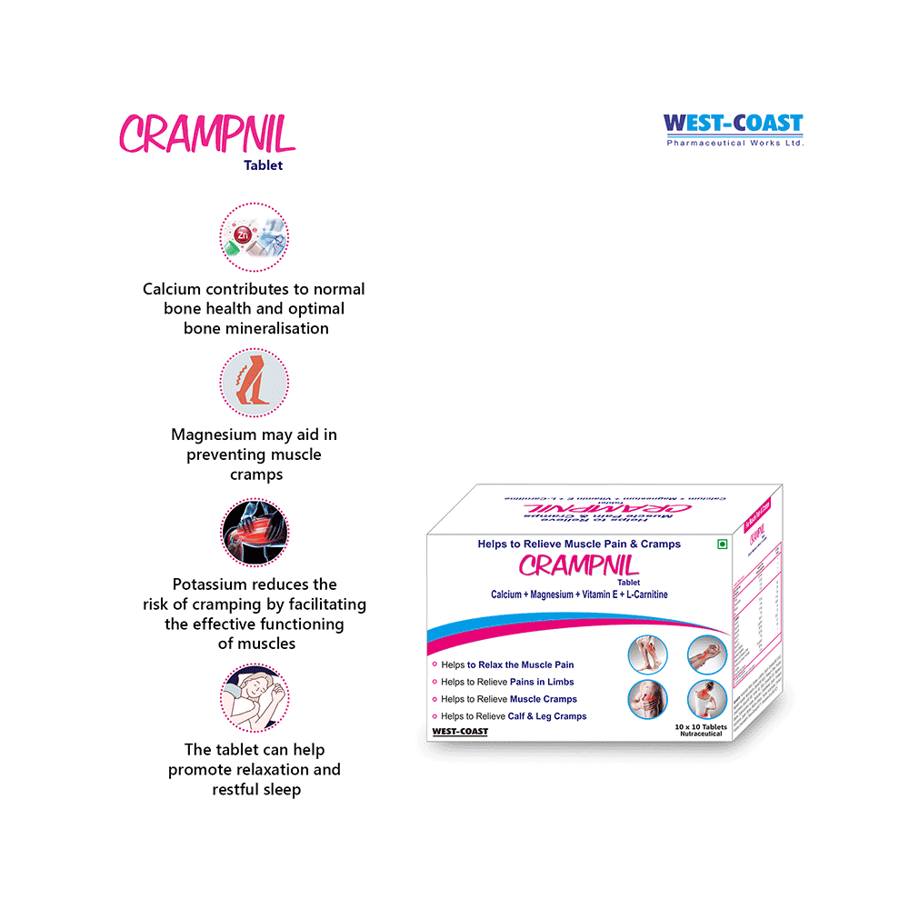 West-Coast Crampnil Tablet with Calcium, Magnesium, Vitamin E & Carnitine | For Relief from Muscle & Knee Cramps, Limb Pain | Tablet - Image 5