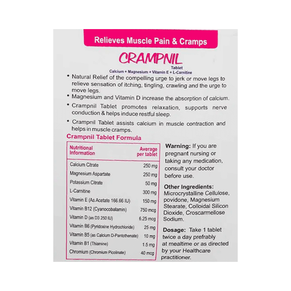 West-Coast Crampnil Tablet with Calcium, Magnesium, Vitamin E & Carnitine | For Relief from Muscle & Knee Cramps, Limb Pain | Tablet - Image 2