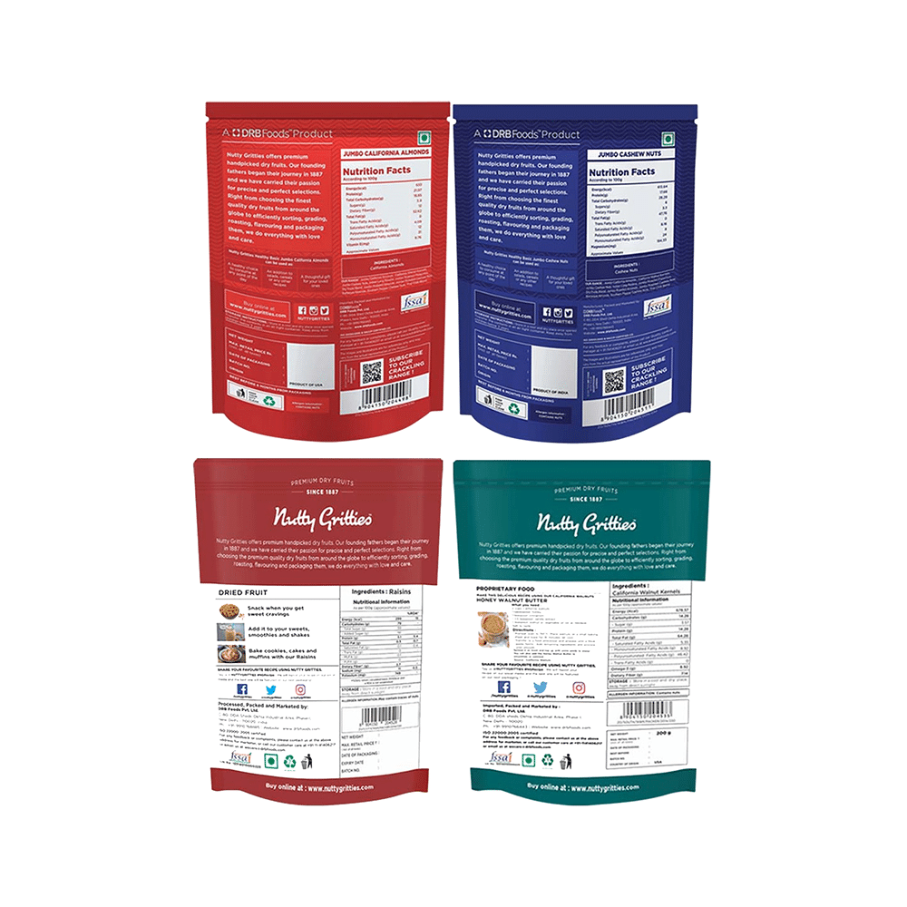 Nutty Gritties Combo Pack of Jumbo California Almonds, Jumbo Cashews Nuts, Indian Long Raisins & California Walnut Kernels (200gm Each) - Image 2
