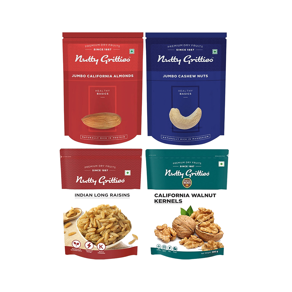 Nutty Gritties Combo Pack of Jumbo California Almonds, Jumbo Cashews Nuts, Indian Long Raisins & California Walnut Kernels (200gm Each)