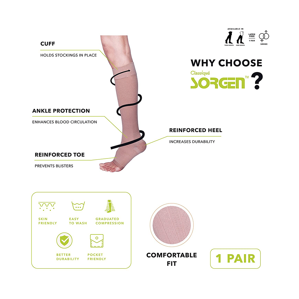 Sorgen Classique (Lycra) Class II Knee Length Medical Compression Stockings for Varicose Veins Small Beige - Image 3