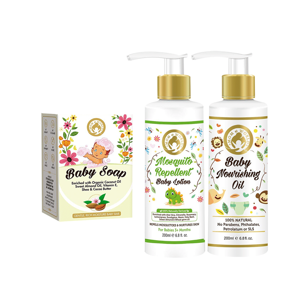 Mom & World Combo Pack of Baby Soap (125gm), Mosquito Repellent Baby Lotion (200ml) & Baby Nourishing OIl (200ml) - Image 1