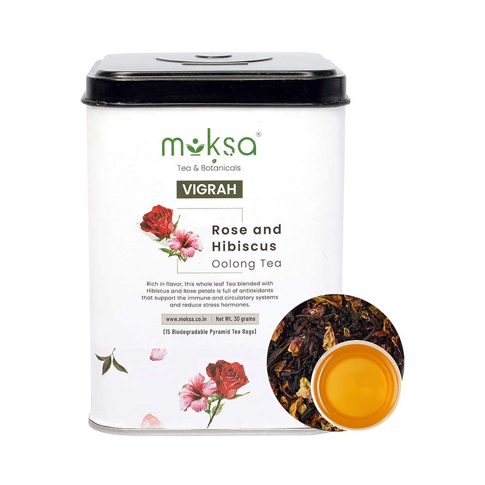 Moksa Vigrah Rose and HIbiscus Oolong Tea Biodegradable Pyramid Tea Bag