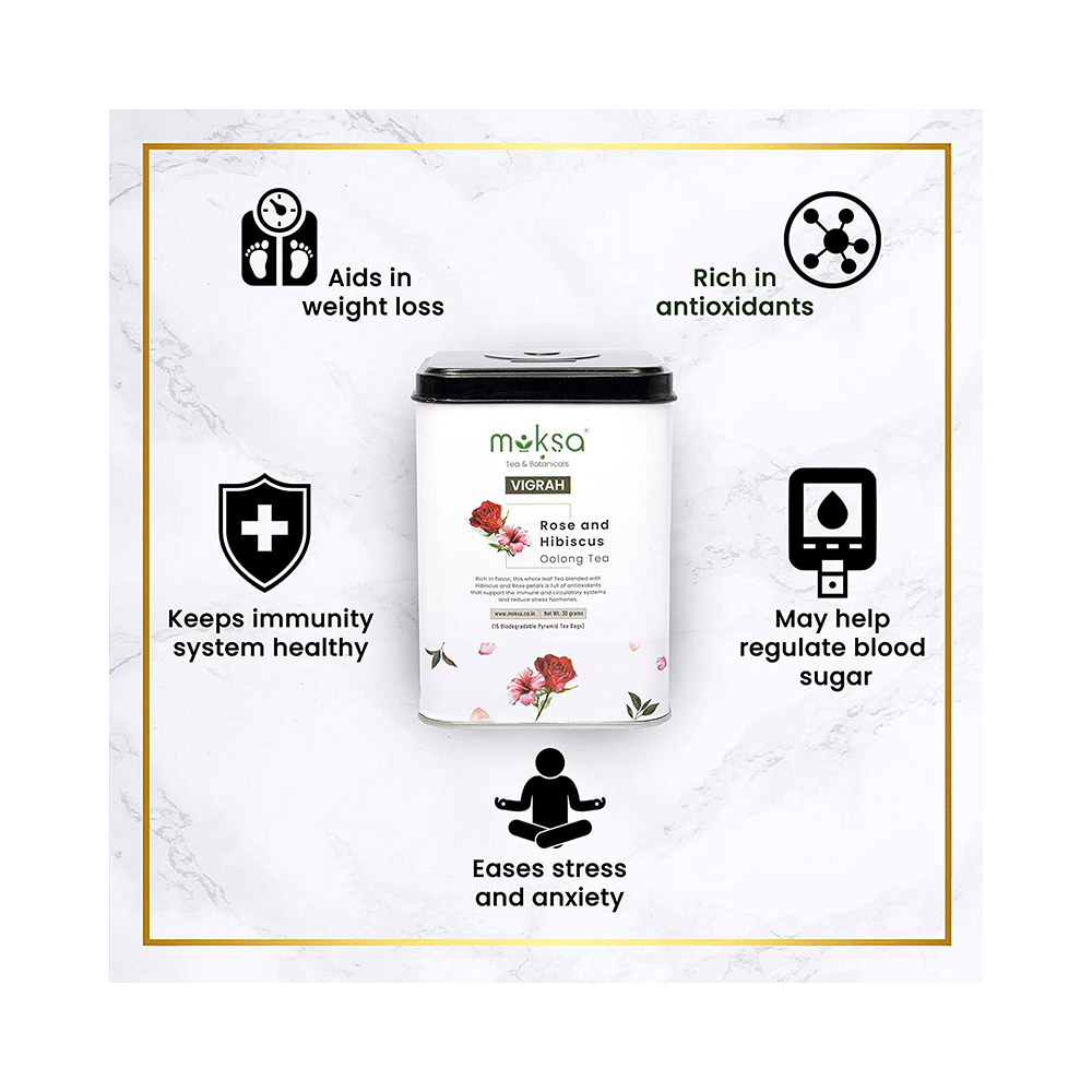 Moksa Vigrah Rose and HIbiscus Oolong Tea Biodegradable Pyramid Tea Bag - Image 3