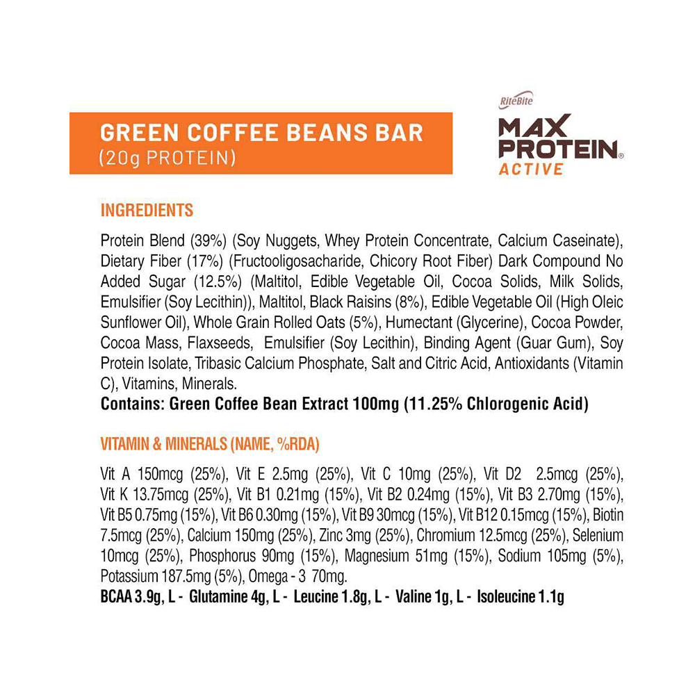 RiteBite Max Protein Active 20g Protein Bar Green Coffee - Image 5