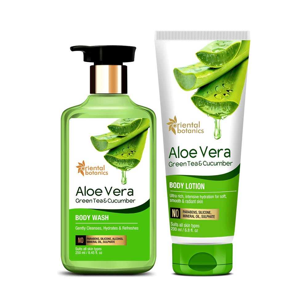 Oriental Botanics Gently Clean Combo (Aloe Vera, Green Tea & Cucumber Body Wash 250ml and Body Lotion 200ml) - Image 1