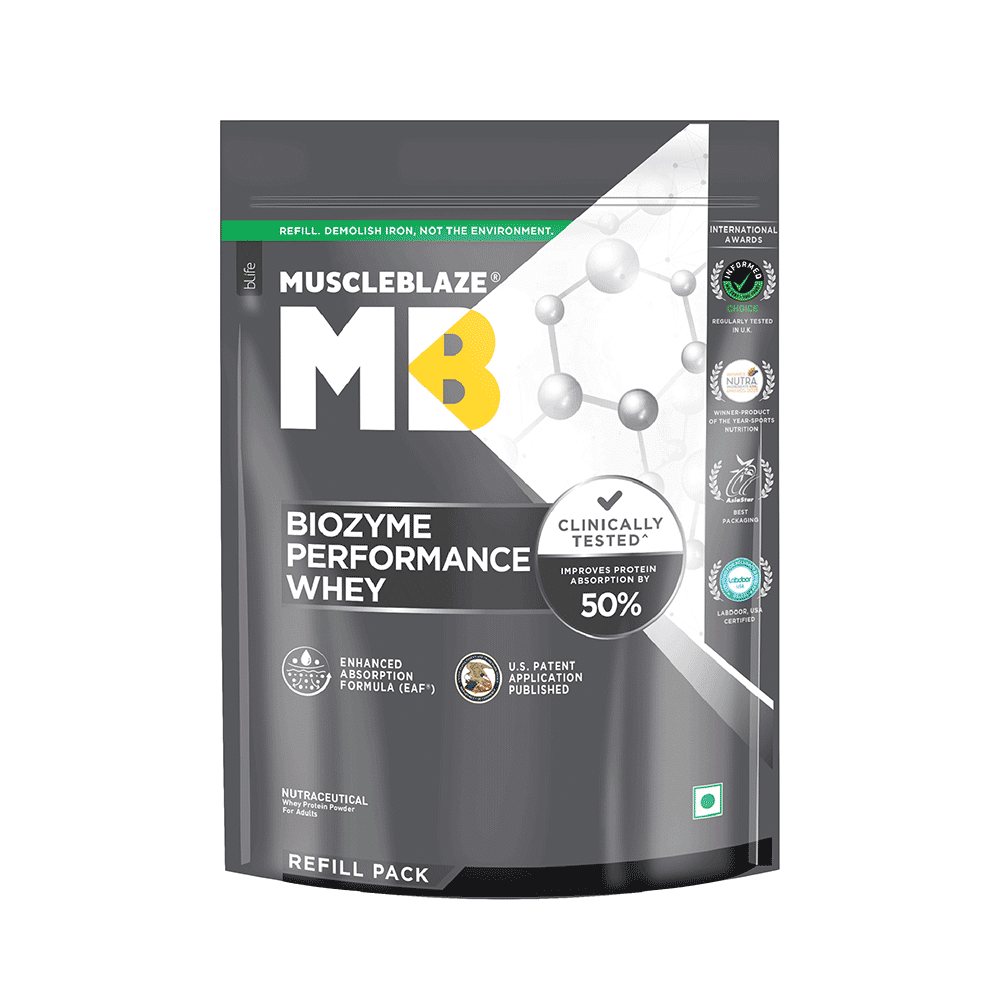 MuscleBlaze MuscleBlaze Biozyme Performance Whey Protein | For Muscle Gain | Improves Protein Absorption | Nutrition Care Powder Unflavoured Refill Pack - Image 1