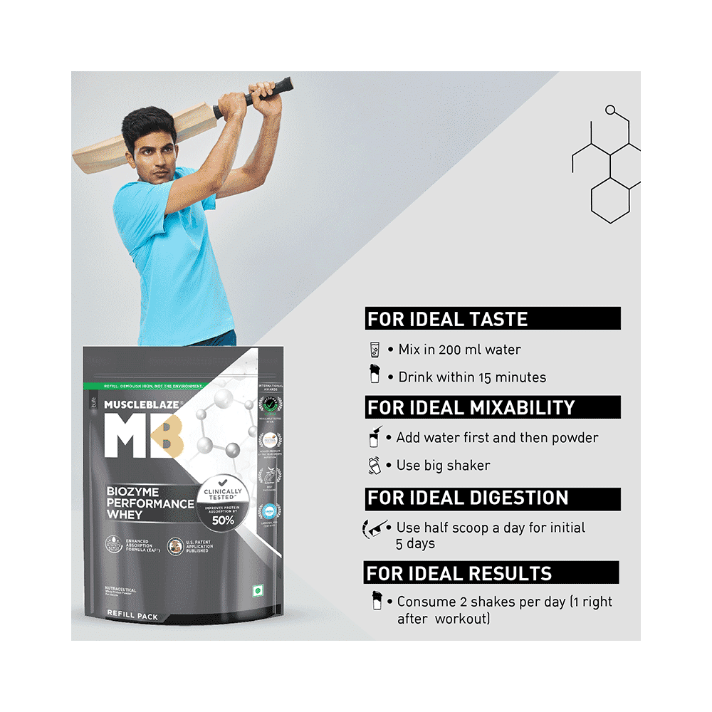 MuscleBlaze MuscleBlaze Biozyme Performance Whey Protein | For Muscle Gain | Improves Protein Absorption | Nutrition Care Powder Unflavoured Refill Pack - Image 6