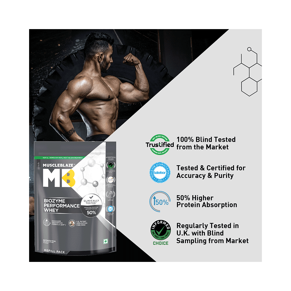 MuscleBlaze MuscleBlaze Biozyme Performance Whey Protein | For Muscle Gain | Improves Protein Absorption | Nutrition Care Powder Unflavoured Refill Pack - Image 5