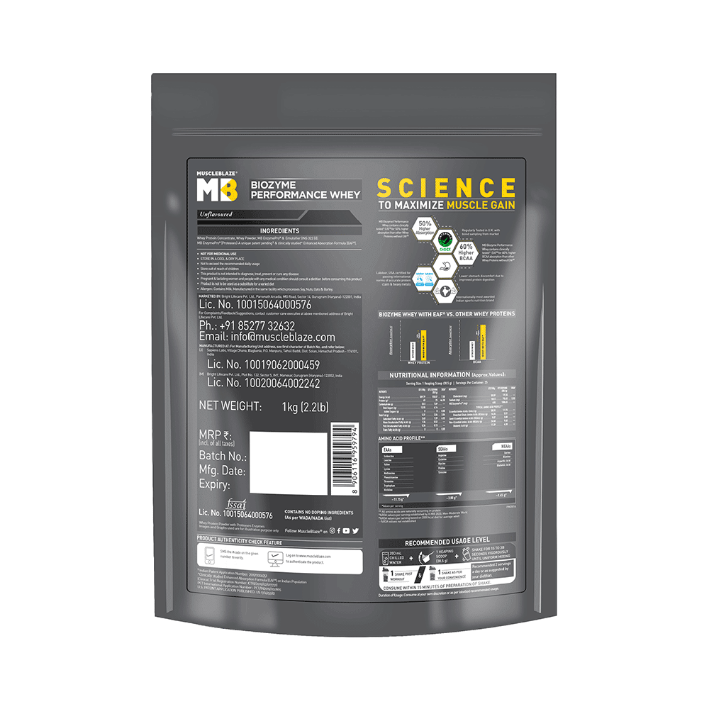 MuscleBlaze MuscleBlaze Biozyme Performance Whey Protein | For Muscle Gain | Improves Protein Absorption | Nutrition Care Powder Unflavoured Refill Pack - Image 2